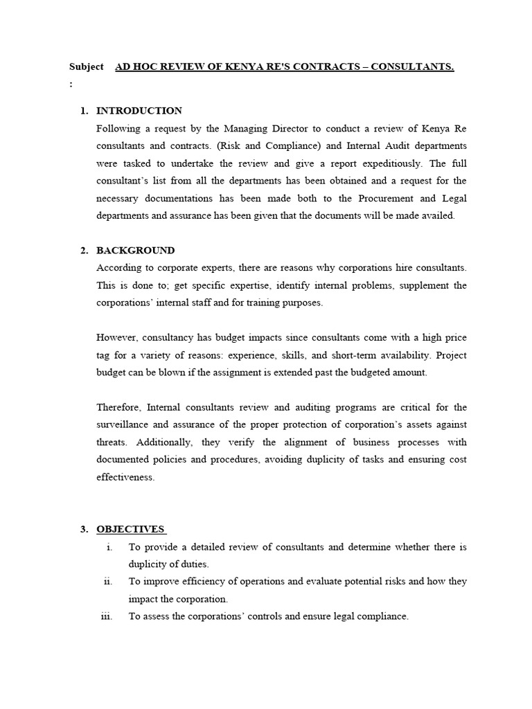 Kenya Re Consultant Contracts Review | PDF | Consultant | Audit