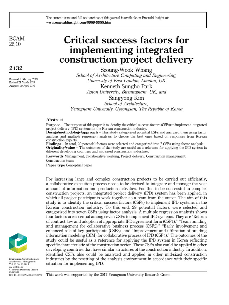Critical success factors for implementing integrated construction