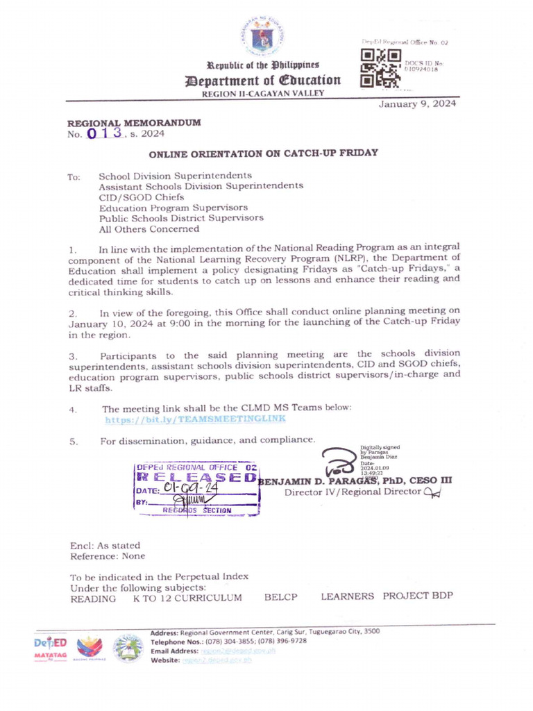 Catch Up Friday Memorandum
