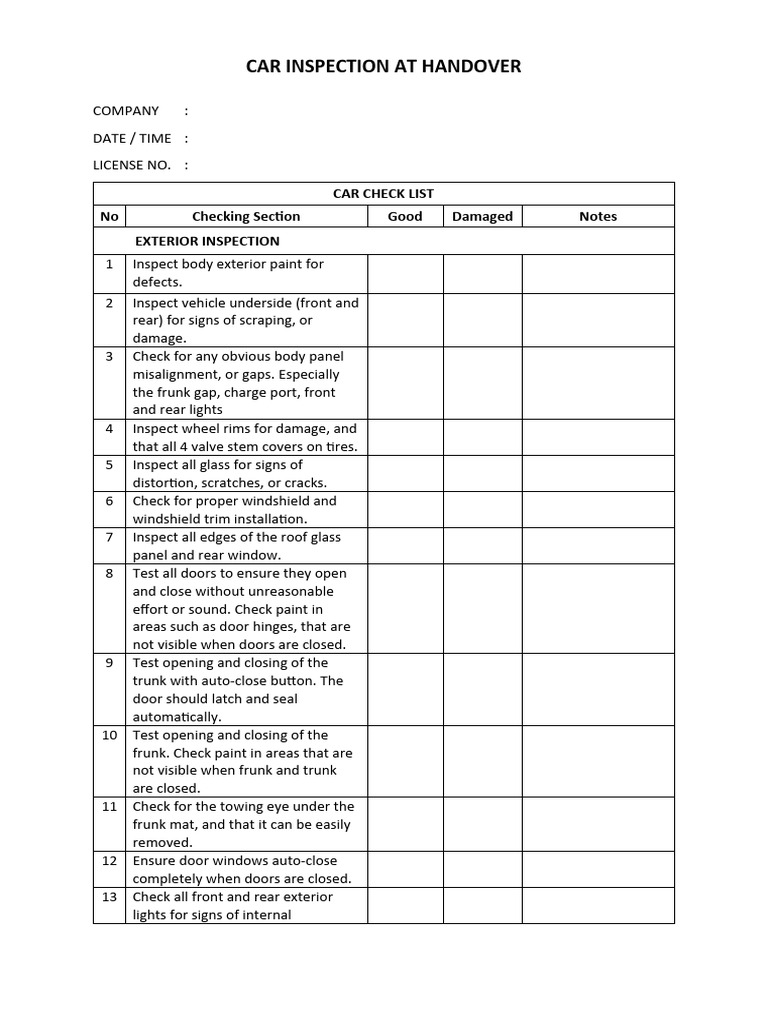 Tesla Handover Inspection Checklist | PDF | Trunk (Car) | Door
