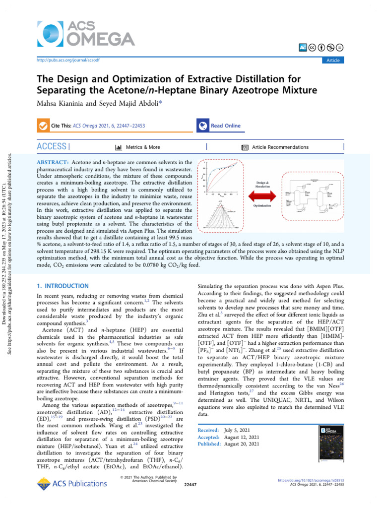 Extractive Distillation of Acetone/n-Heptane | PDF | Distillation ...