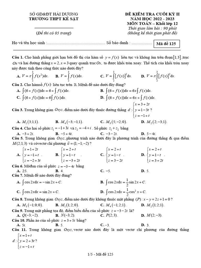 De Cuoi Ky 2 Toan 12 Nam 2022 2023 Truong THPT Ke Sat Hai Duong | PDF