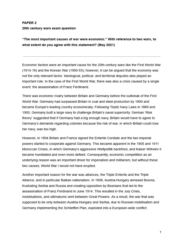 Paper 2 The Most Important Causes Of War Were Economic With