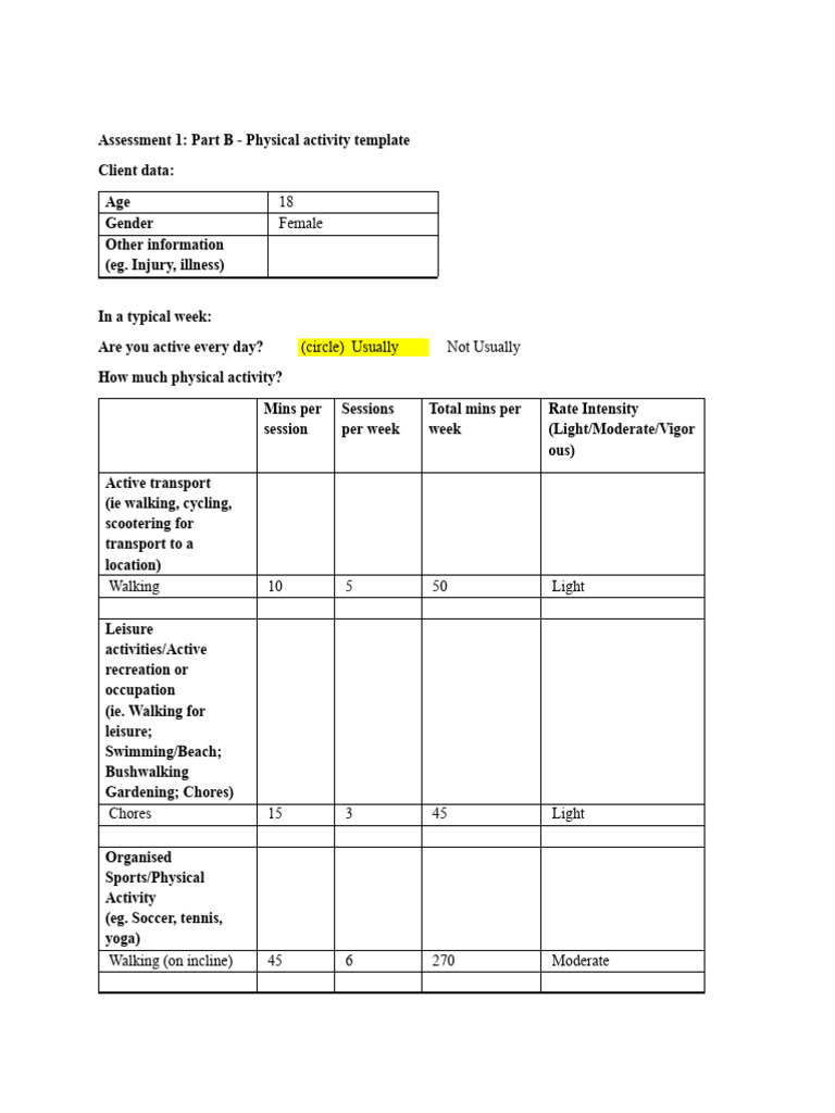 Physical Activity Assessment Template | PDF | Strength Training ...