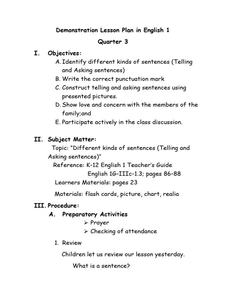 English 1 Lesson Plan: Sentences | PDF | Lesson Plan | Human Communication