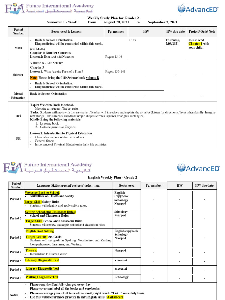 Weekly Study Plan For Grade: 2 Semester 1 - Week 1 From August 29, 2021 ...