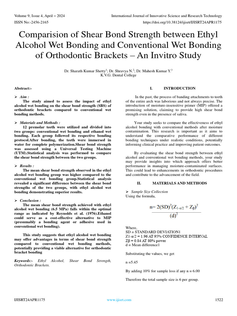 Comparision of Shear Bond Strength Between Ethyl Alcohol Wet Bonding ...