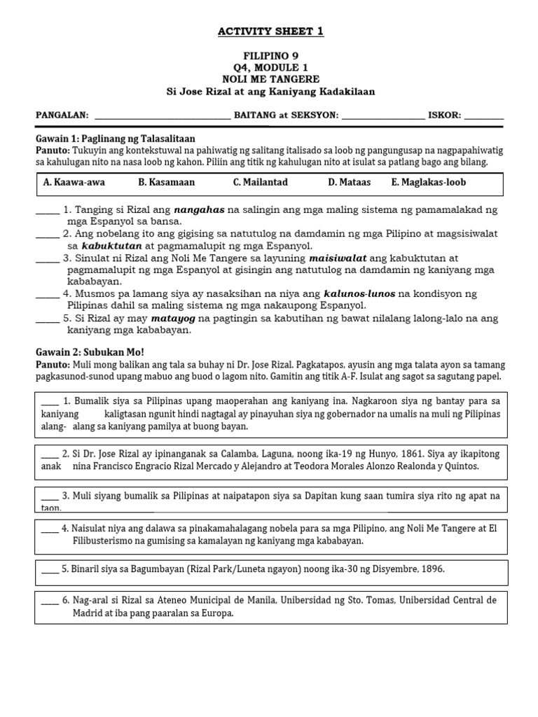 Noli me tangere activity sheet module 1 to 8 pdf