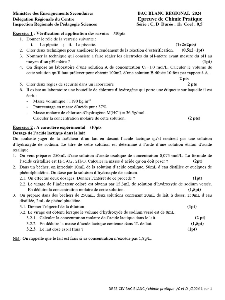 Épreuve de Chimie Pratique Bac 2024 | PDF | Acide | Hydroxyde de sodium