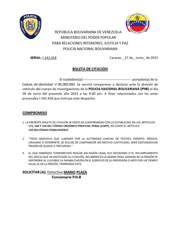 Boleta de Citación PNB 2023 | PDF | Finanzas y dinero | Ciencias sociales