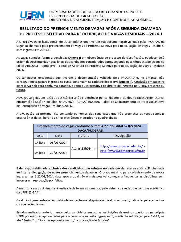 Vagas Remanescentes UFRN 2024.1 | PDF