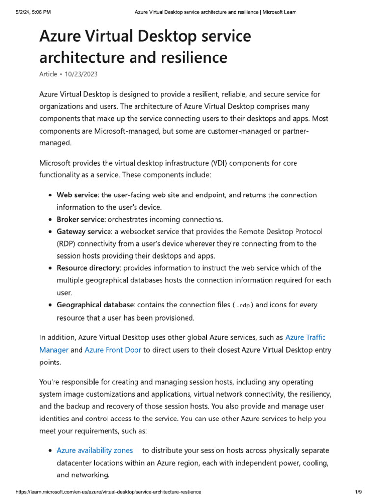 Azure Virtual Desktop Service Architecture and Resilience | PDF