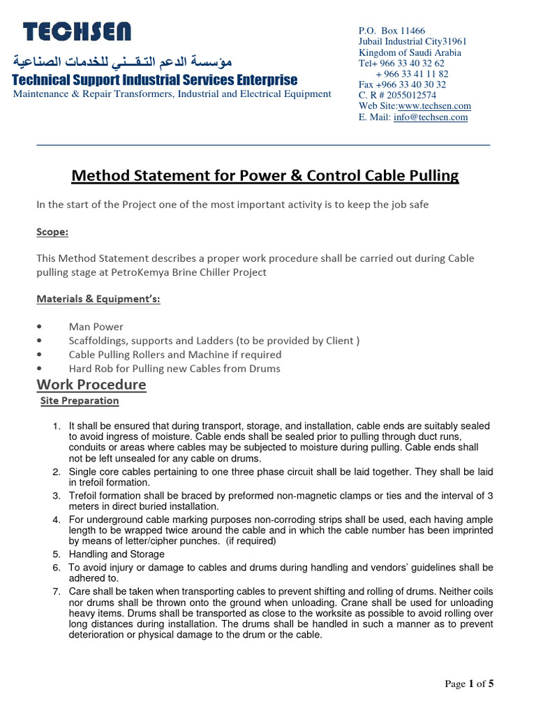 Cable Pulling Method Statement | PDF | Tension (Physics) | Electrical ...