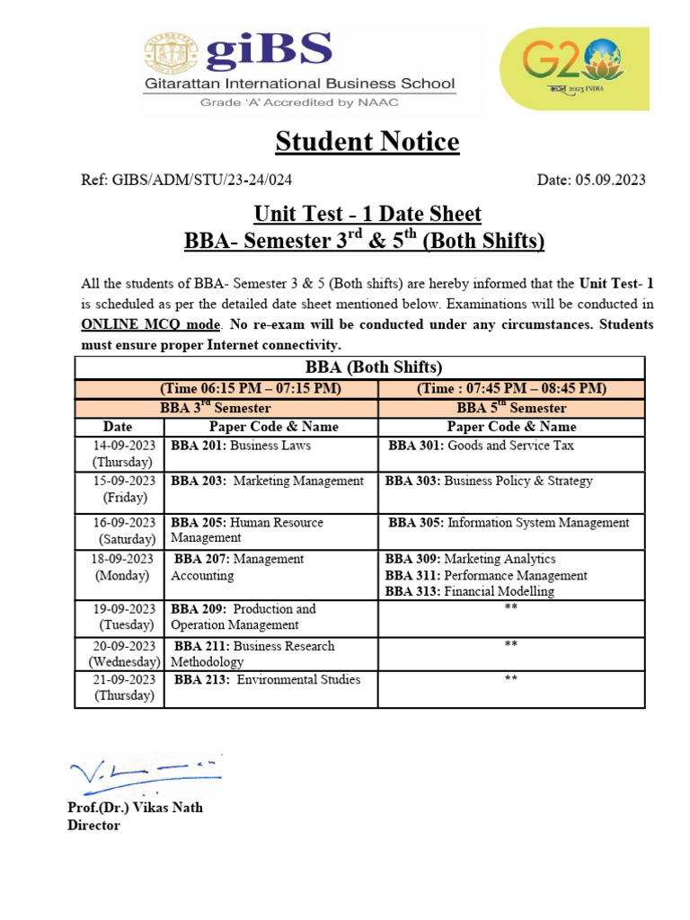 BBA Unit Test 1 Date Sheet 2023 | PDF