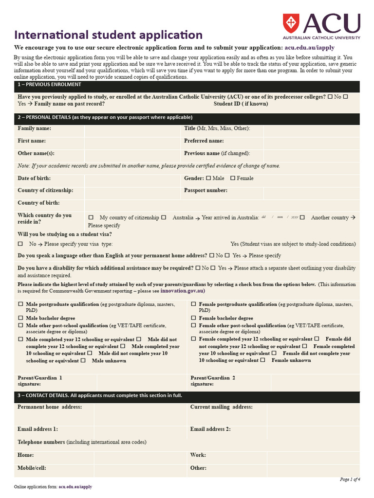 ACU Application Form | PDF | Bachelor's Degree | Academic Degree