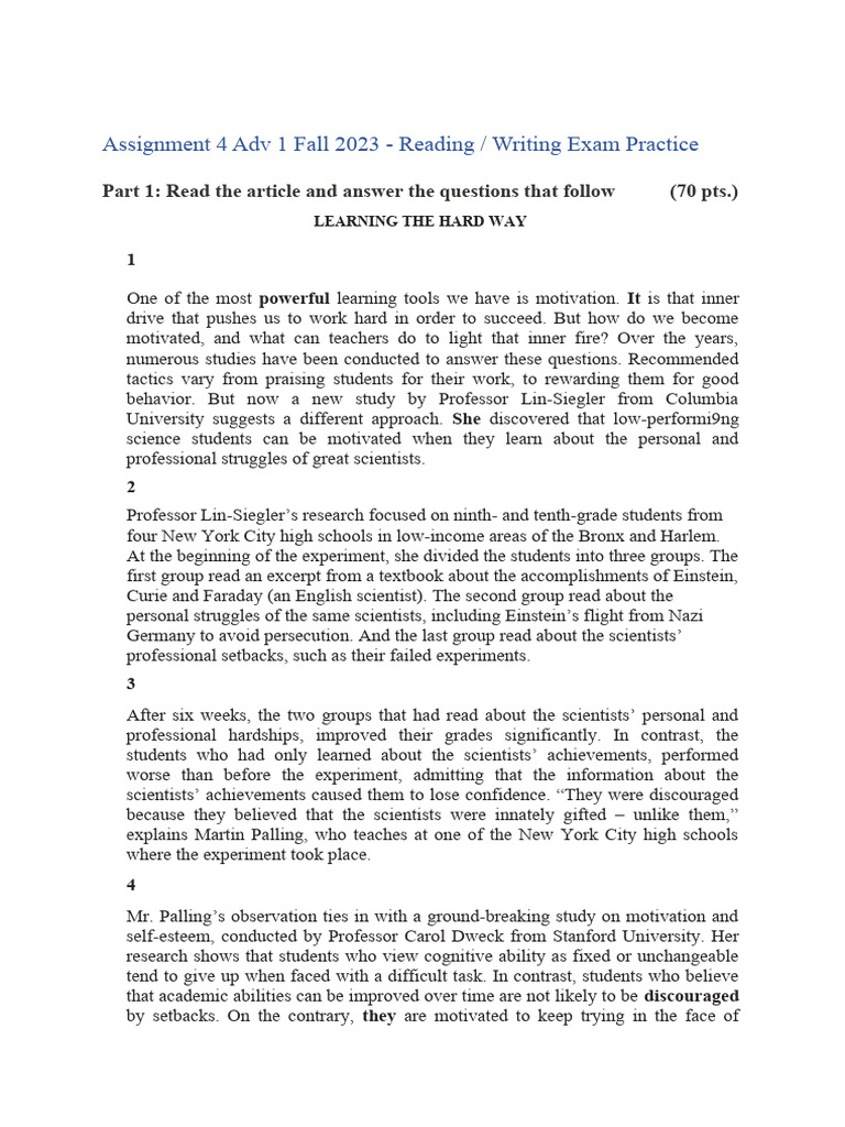 Assignment 4 Reading And Writing Practice Pdf Intelligence