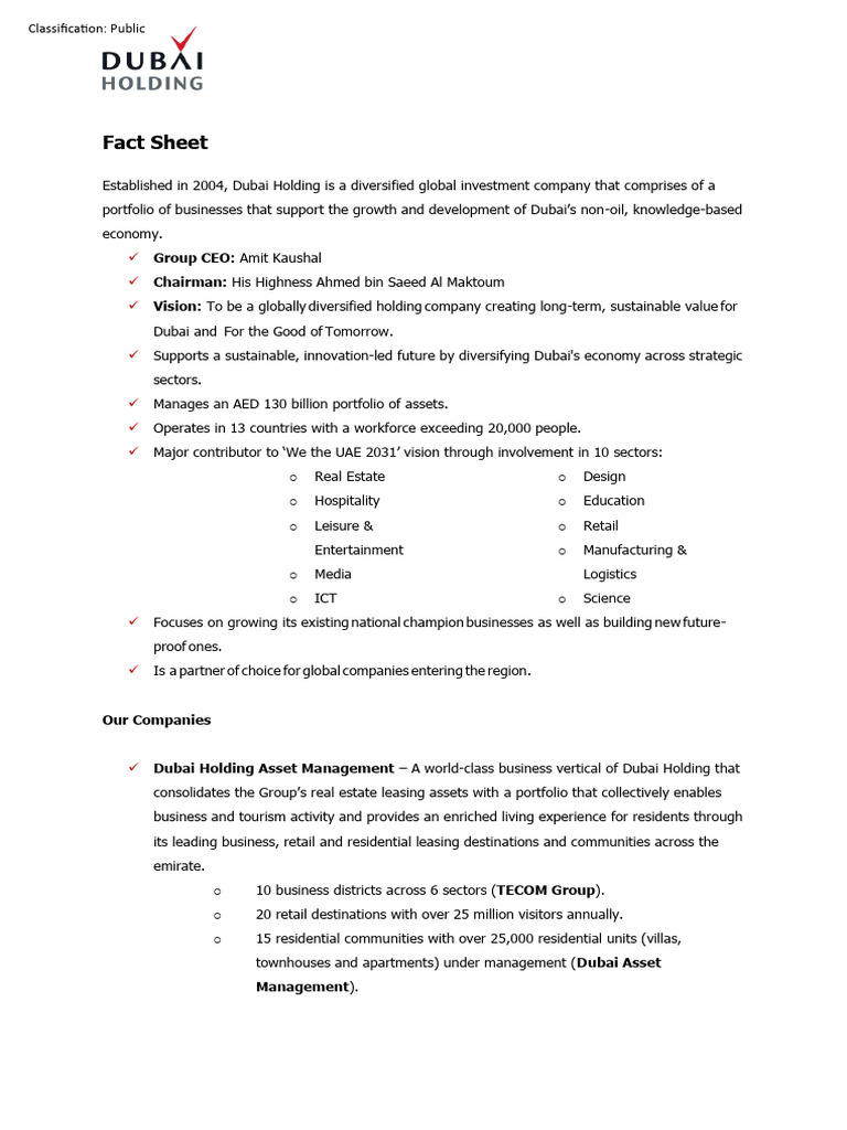 Dubai Holding Fact Sheet EN | PDF | Dubai | Economies