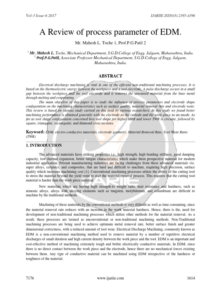 Magesh 2017A Review of Process Parameter of EDM Ijariie7176 | PDF ...