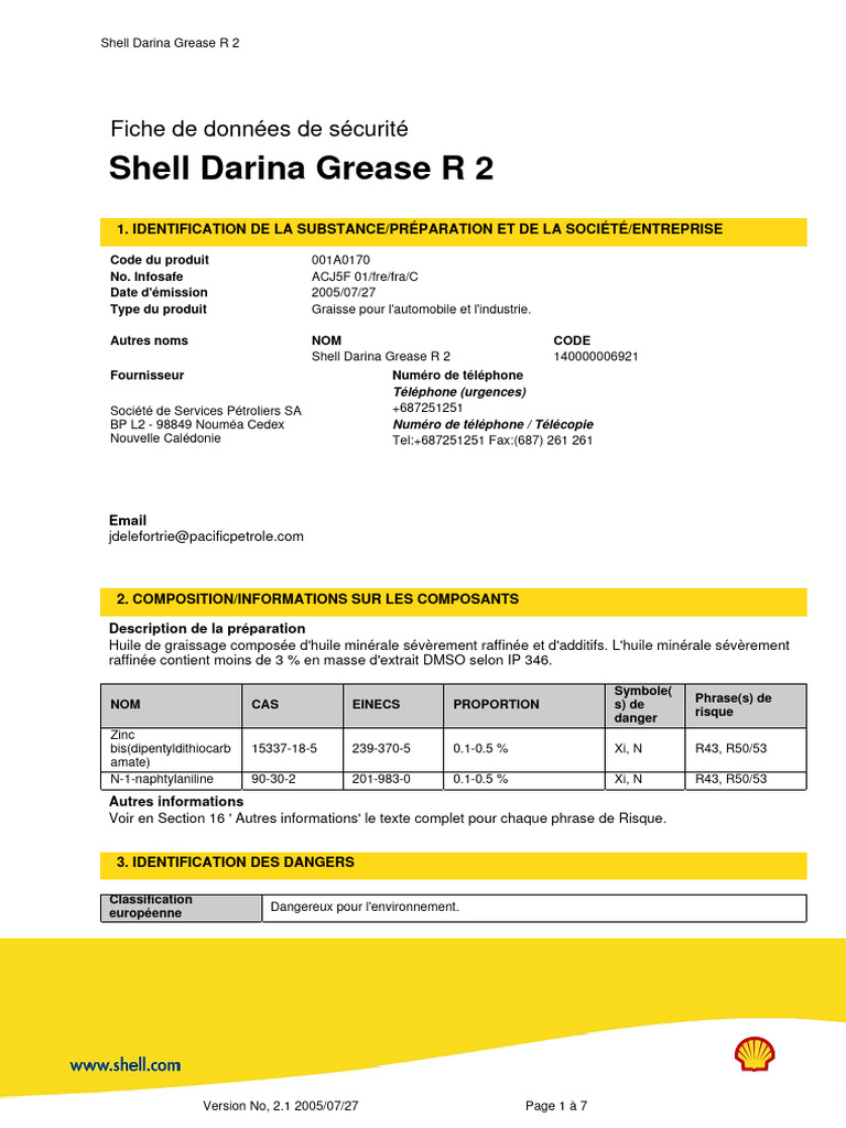 Fiche de sécurité Shell Darina Grease R 2 | PDF