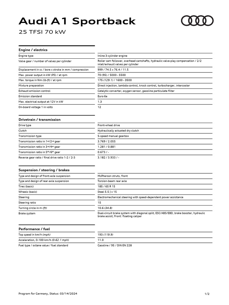 eTD Audi A1 Sportback 25 TFSI 70kW 240314 PDF Manual Transmission