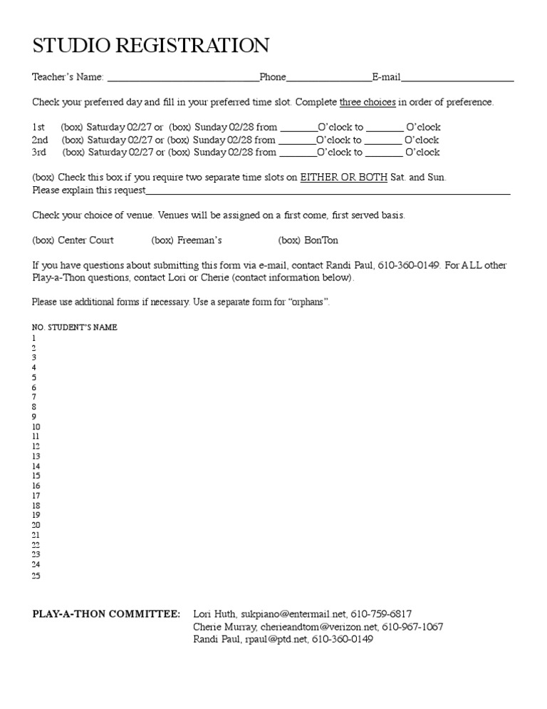 Studio Registration Form for Play-a-Thon | PDF | Career & Growth ...