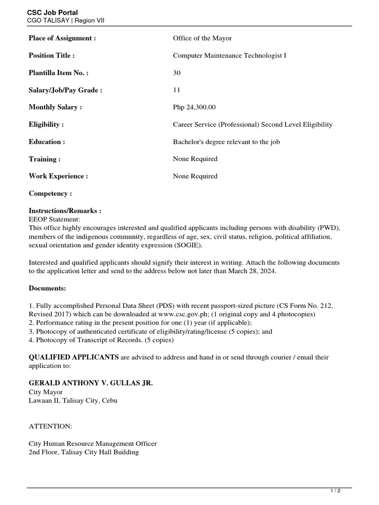 Cgo Talisay Computer Maintenance Technologist I Pdf Gender Gender