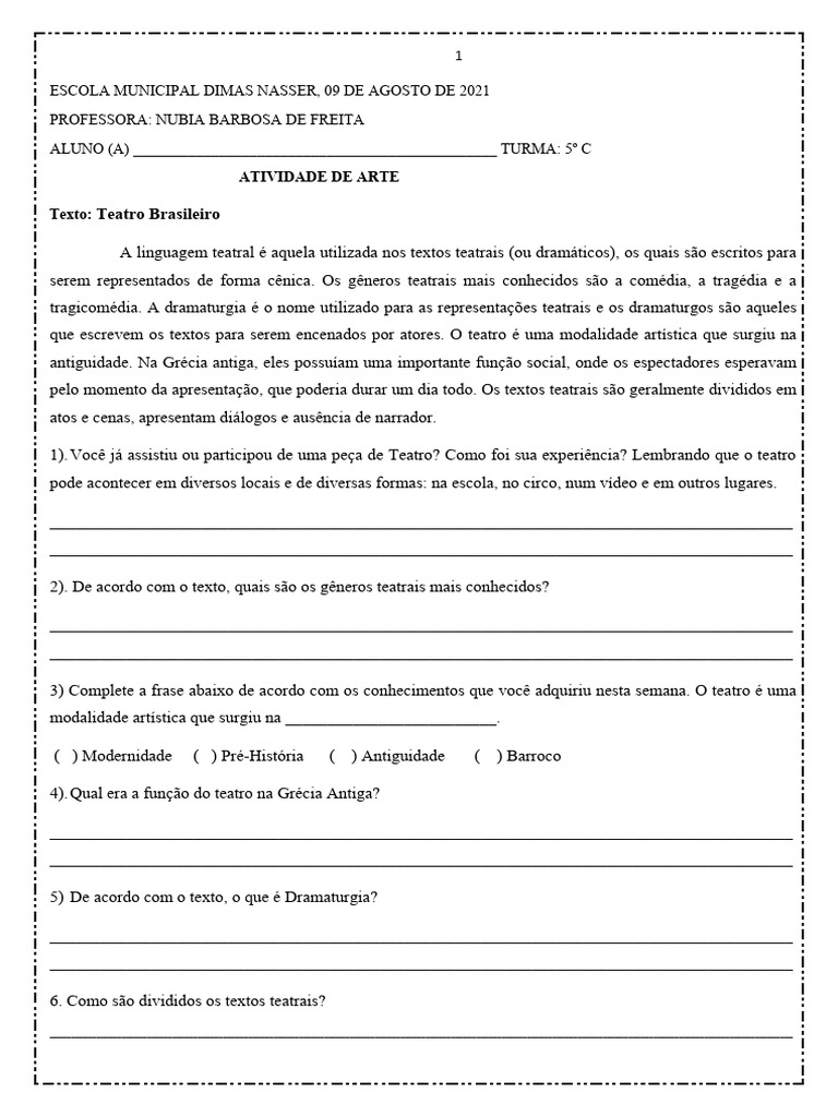 Atividades de Teatro para 5º Ano | PDF | Teatro | Tragédia