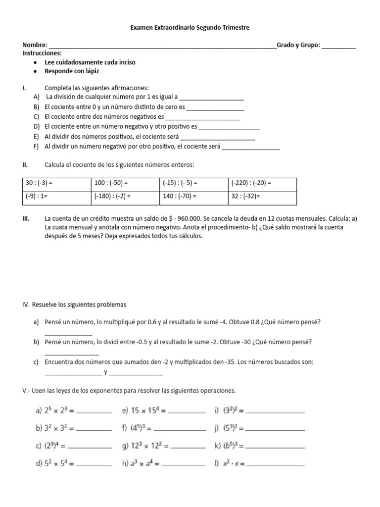 Examen Extraordinario Matemáticas 2º Trimestre | PDF | División ...