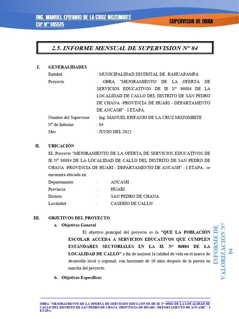 2.5. Informe Del Supervisor Obra Iei Chana 04 | PDF | Ingeniería de ...