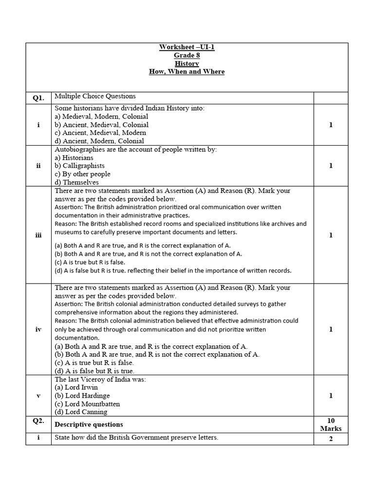 Grade 8 History Worksheet: Indian History | PDF | British Raj
