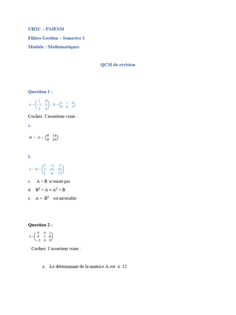 QCM Mathématiques Semestre 1 Gestion | PDF | Déterminant | Algèbre linéaire