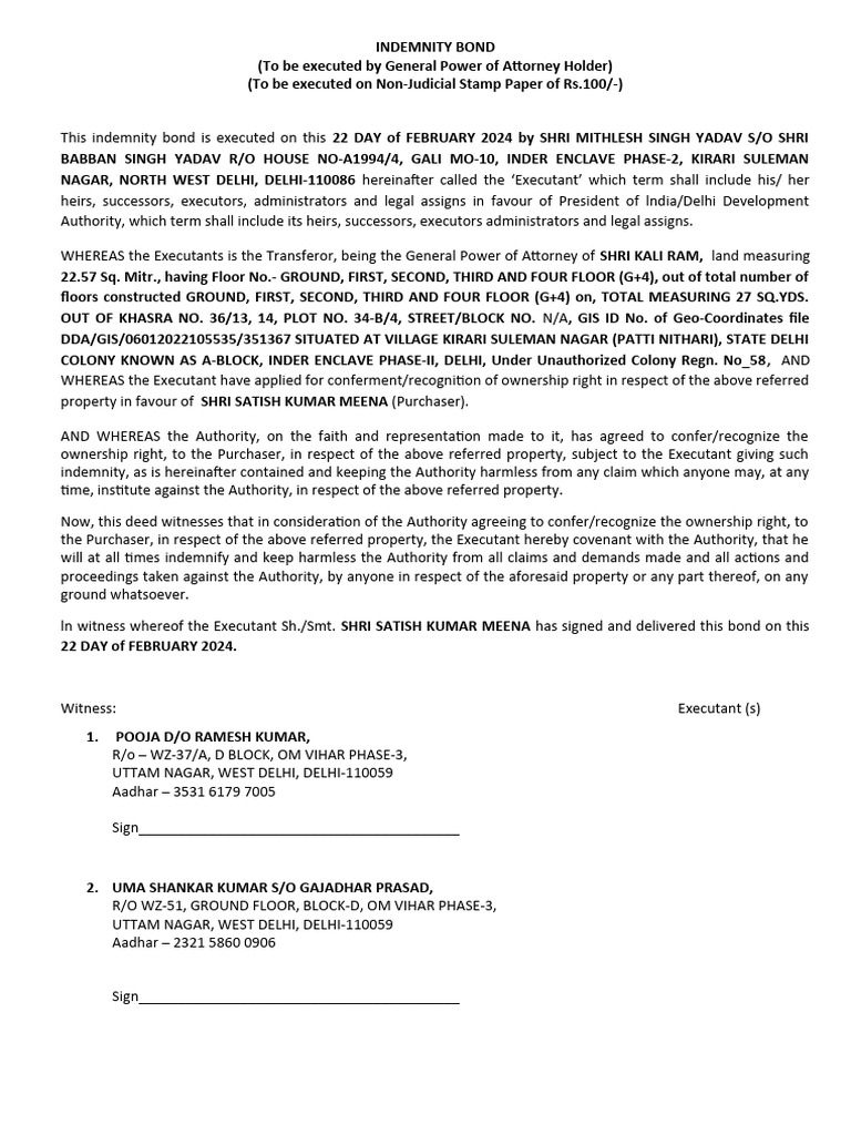 Indemnity Bond for Property Transfer | PDF | Law And Economics ...