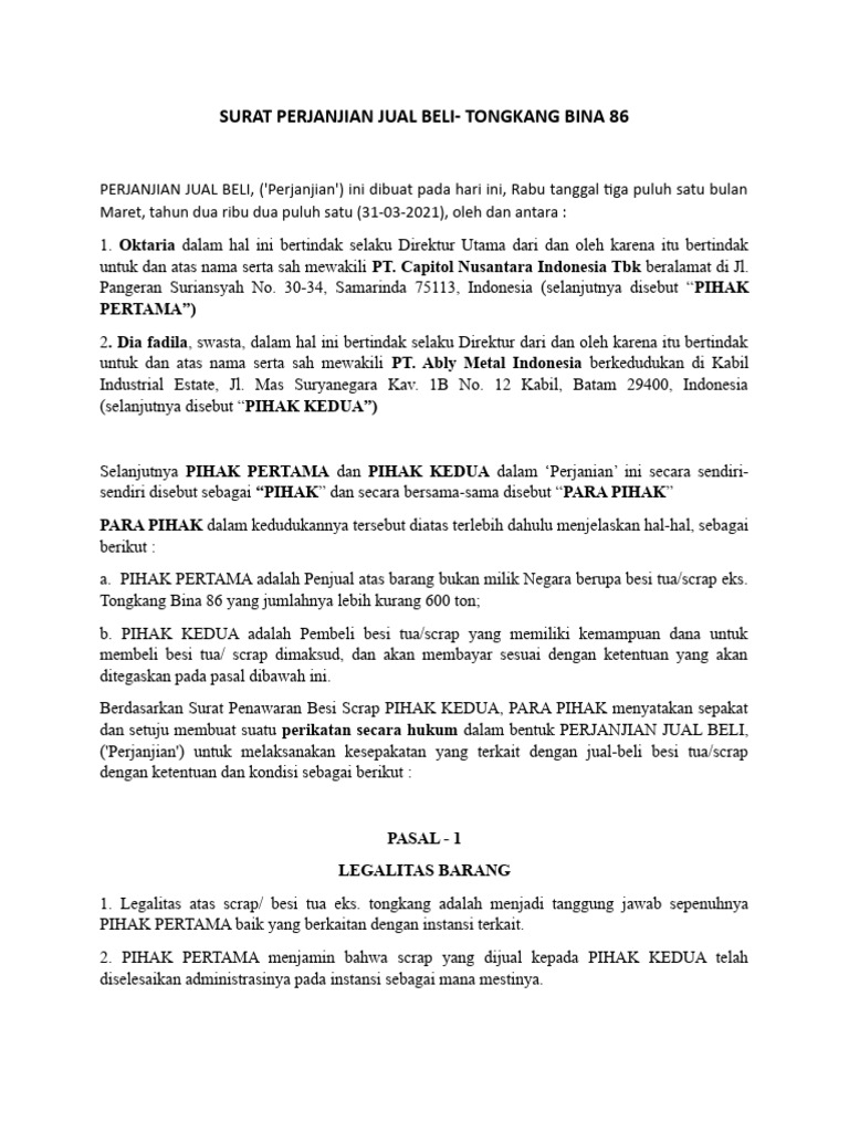 SURAT PERJANJIAN JUAL BELI | PDF