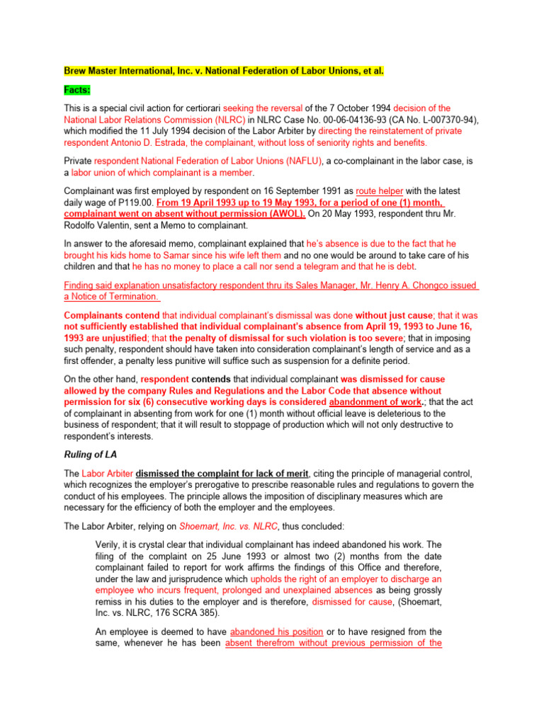 Brew Master v. Labor Unions: NLRC Ruling | PDF | Employment | Damages