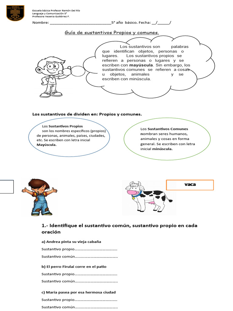 Gu a De Sustantivos Propios Y Comunes PDF Caso De Carta