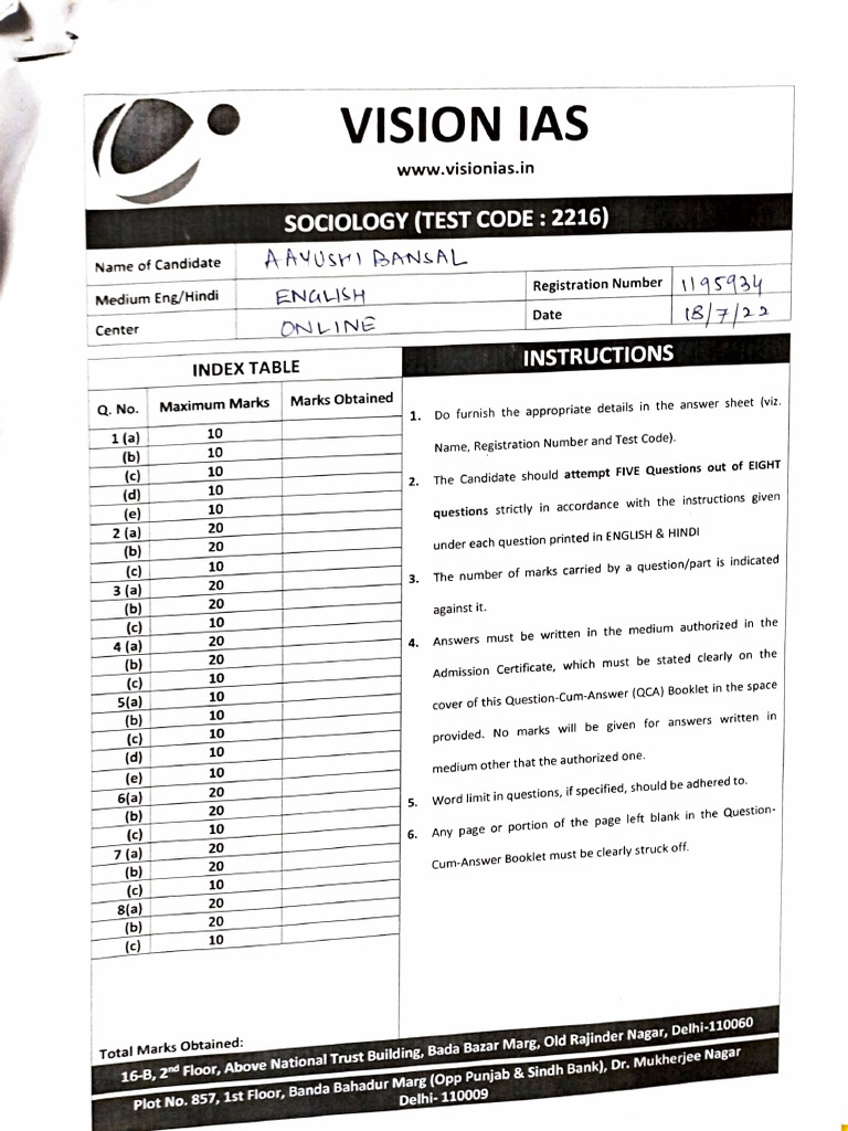 VisionIAS Toppers Answer Booklet Aayushi Bansal | PDF