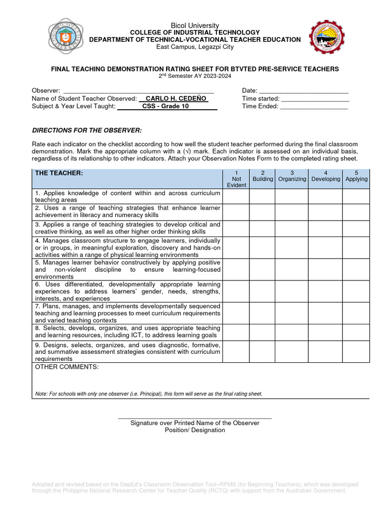Teaching Internship - F05 - Final Teaching Demonstration Form | PDF ...
