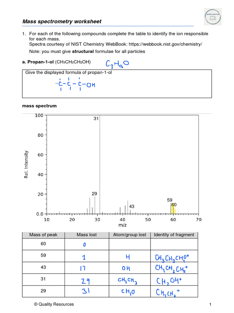 Mass Spectrometry Worksheet Guide | PDF | Mass Spectrometry | Chemical ...