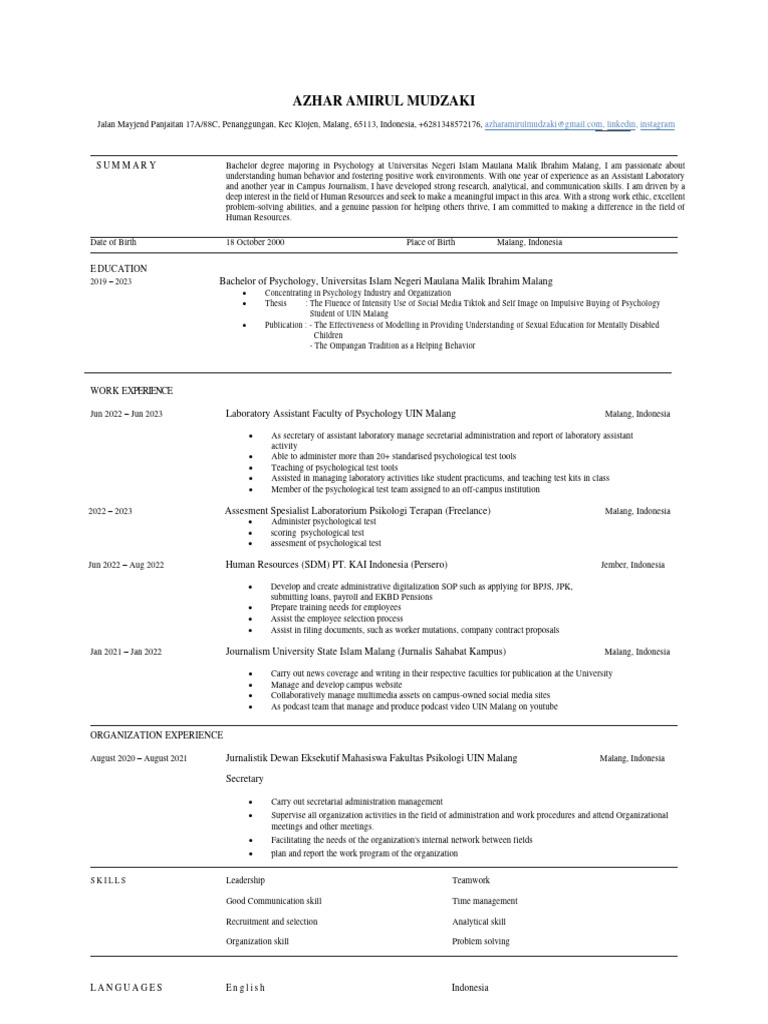 CV Azhar Amirul Mudzaki | PDF | Psychology | Psychological Concepts