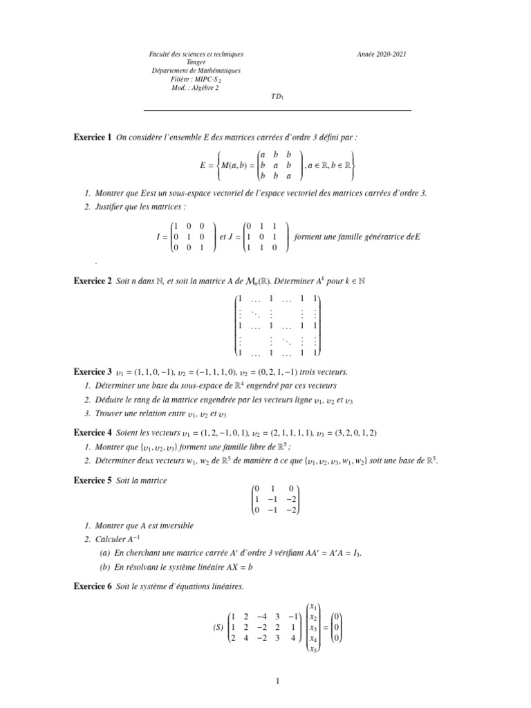Correction TD Matrices et Vecteurs | PDF | Matrice (Mathématiques ...