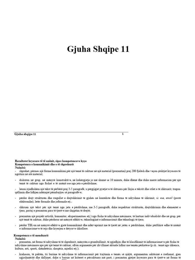 Gjuha Shqipe 11 Plane Mesimore | PDF