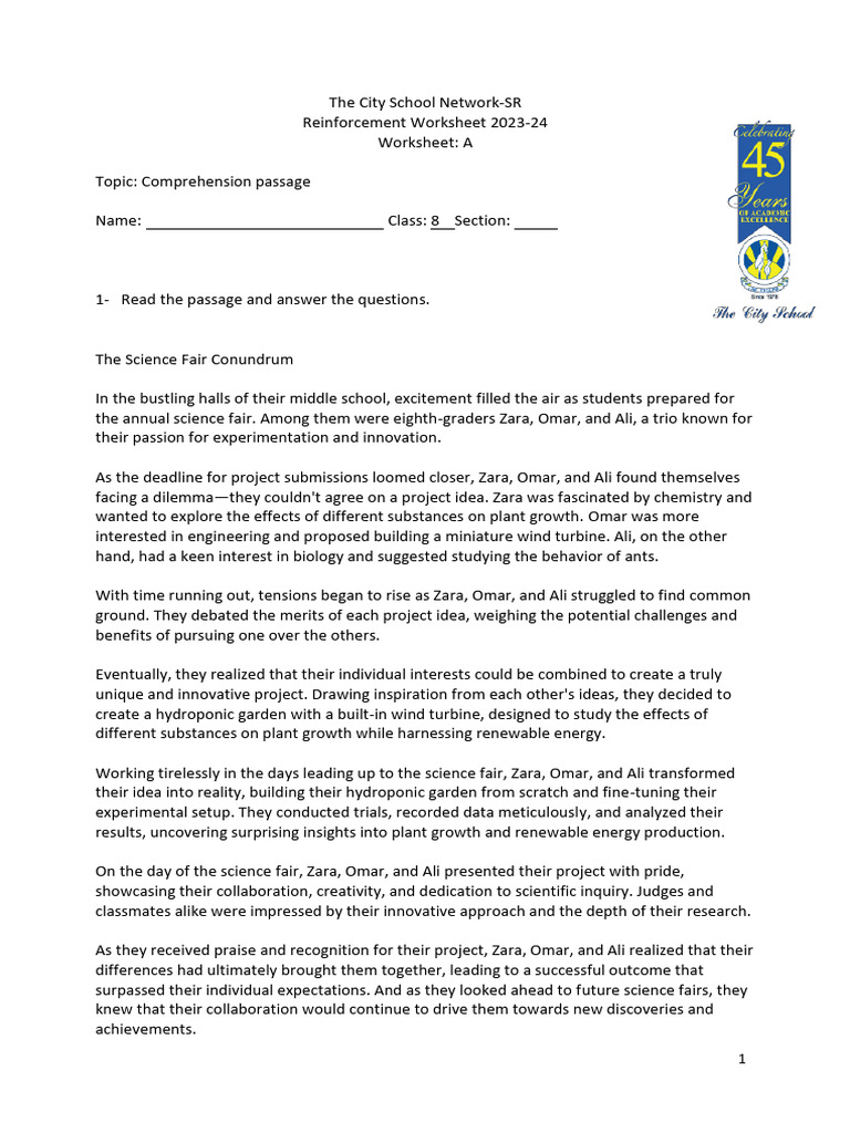 Science Fair Teamwork: A Comprehension Worksheet | PDF | Science ...