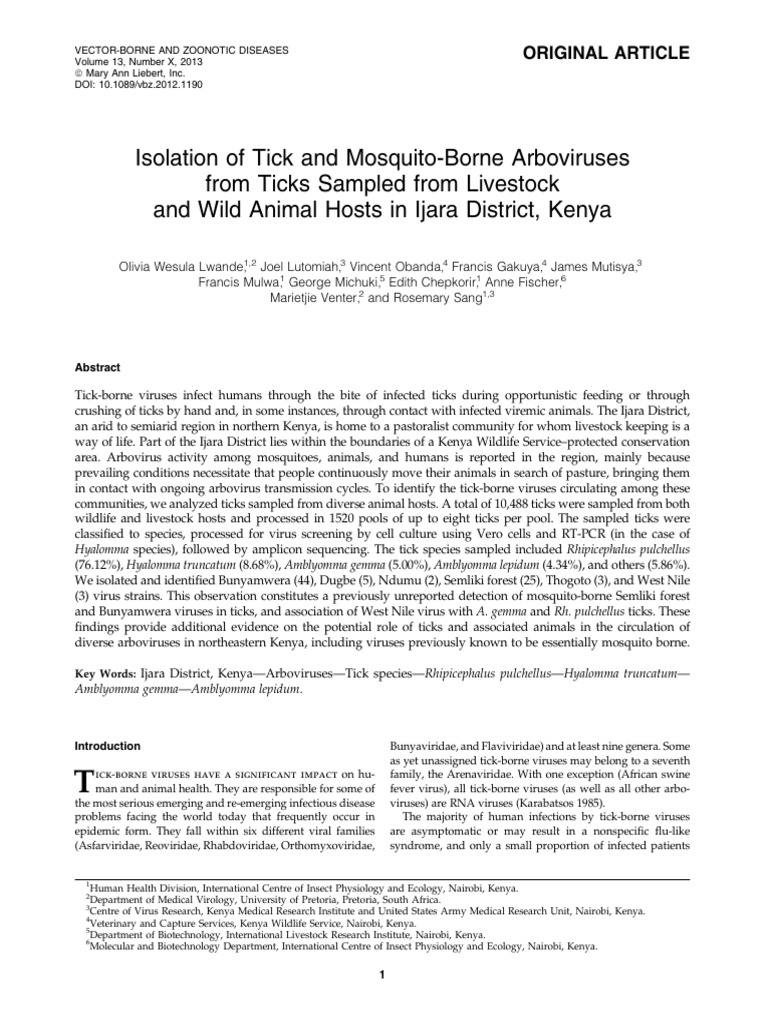 Isolation of tick and mosquito borne arboviruses lwande et al