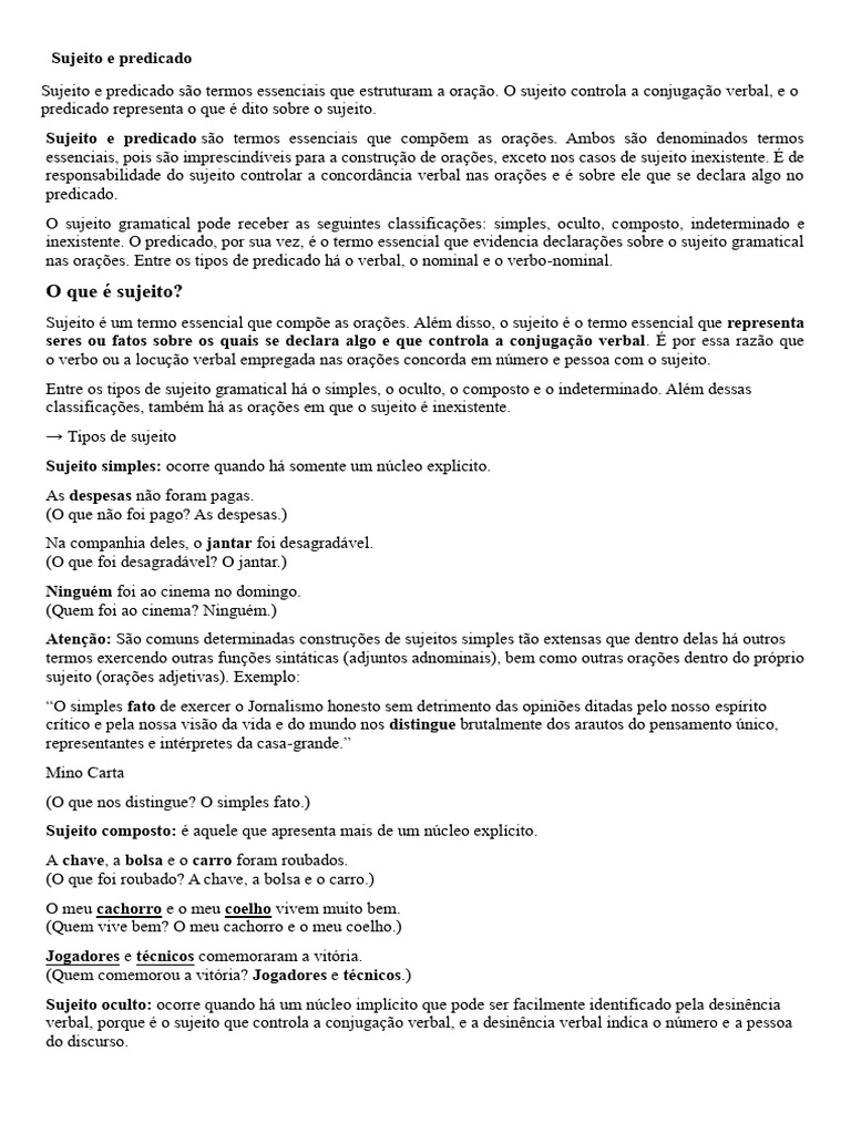 Tipos de Sujeito e Predicado | PDF | Assunto (gramática) | Predicado ...