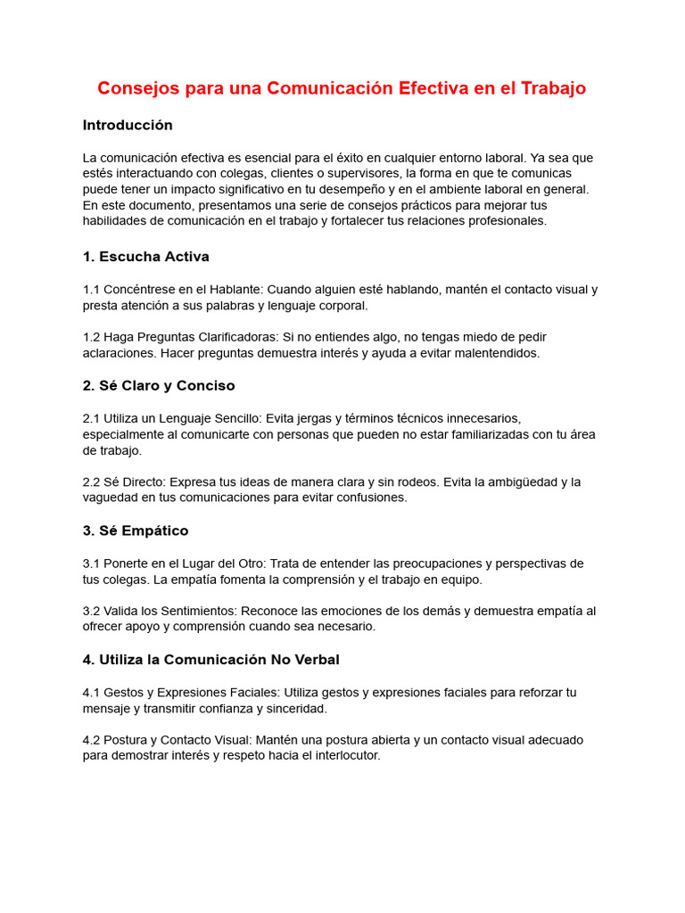 Consejos para Una Comunicación Efectiva en El Trabajo | PDF ...