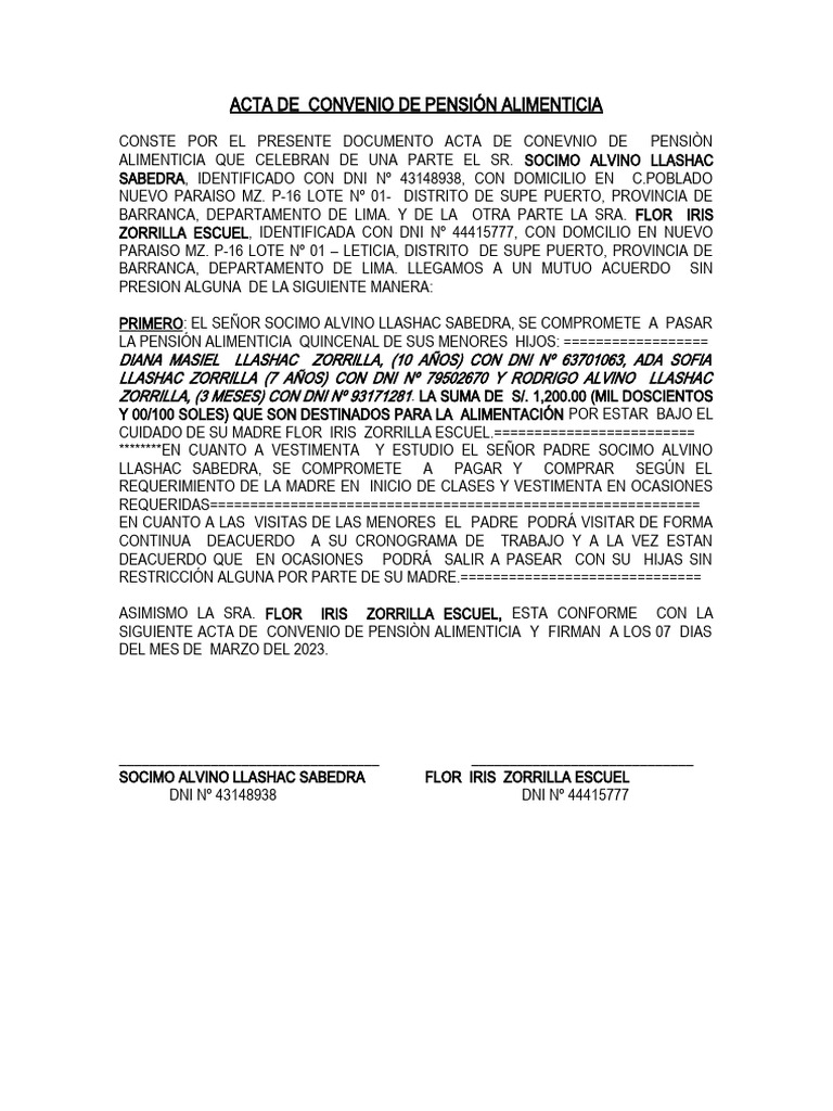 Acta de Convenio de Pensión Alimenticia | PDF