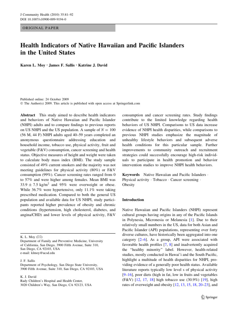 Health indicators of native hawaiian and pacific islanders in the