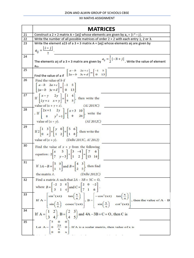 Xii General Maths Assignment 24-25 | PDF | Matrix (Mathematics ...