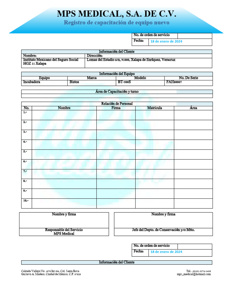 Formato Registro de Capacitacion de Equipo Nuevo MPS Medical | PDF