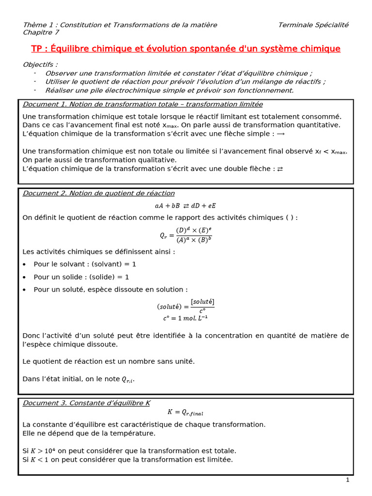 Équilibre chimique et piles électrochimiques | PDF | Équilibre chimique ...